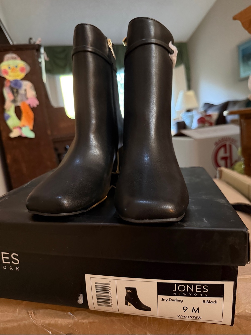 Jones New York Black Leather Ankle Booties with Gold Accent